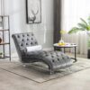 Velvet Chaise Lounge Indoor, Button Tufted Upholstered Chaise Lounge Chair With Pillow - Silver - Image 3