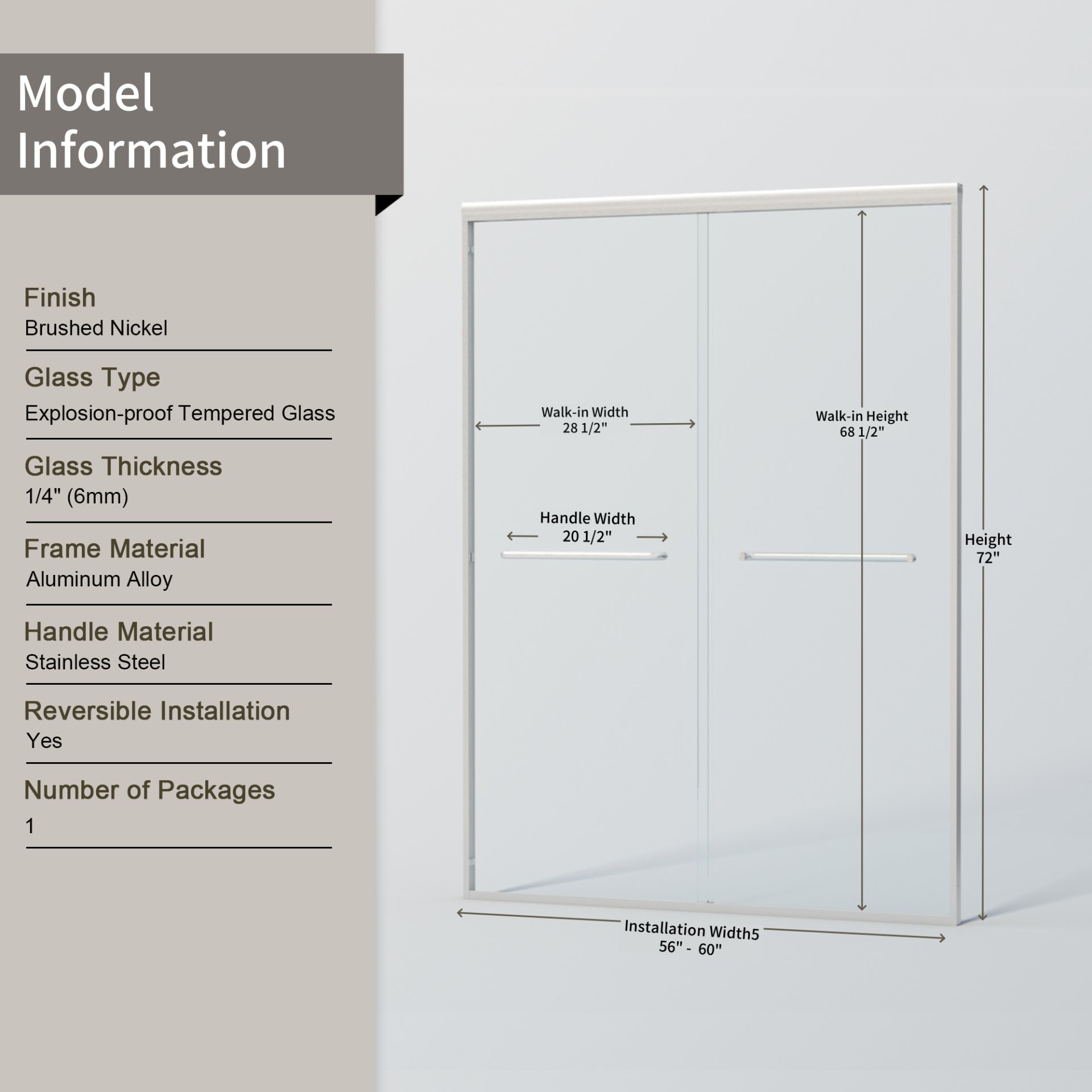 Double Sliding Shower Door, Semi Frameless Bypass Bathroom Sliding Door With 1 / 4" (6Mm) Tempered Glass For Walk In Shower - Brushed Nickel - Image 3
