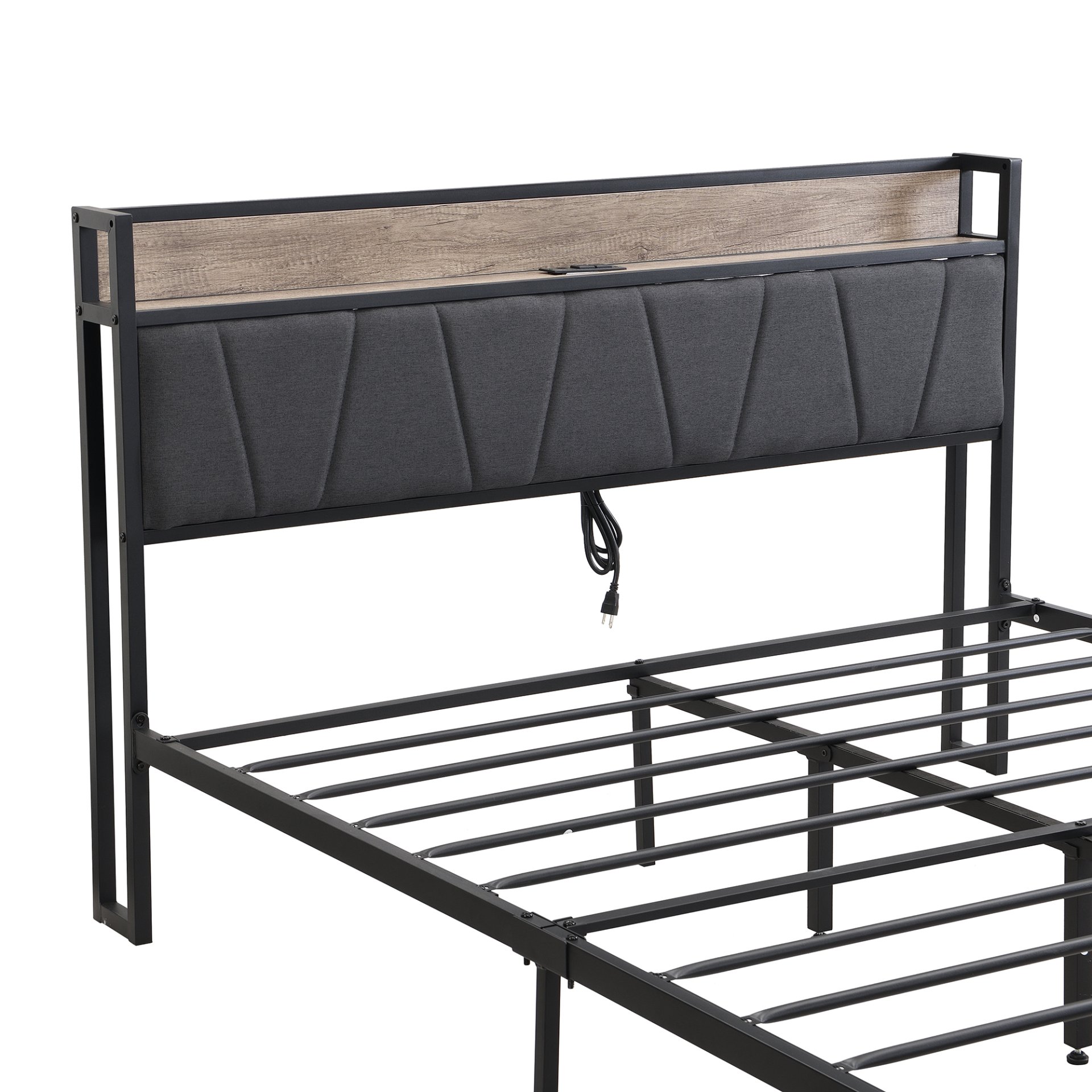 Modern Full Size Metal Platform Bed Frame With Upholstery Storage Headboard USB Liner & Footboard Drawers & - Black / Gray - Image 9