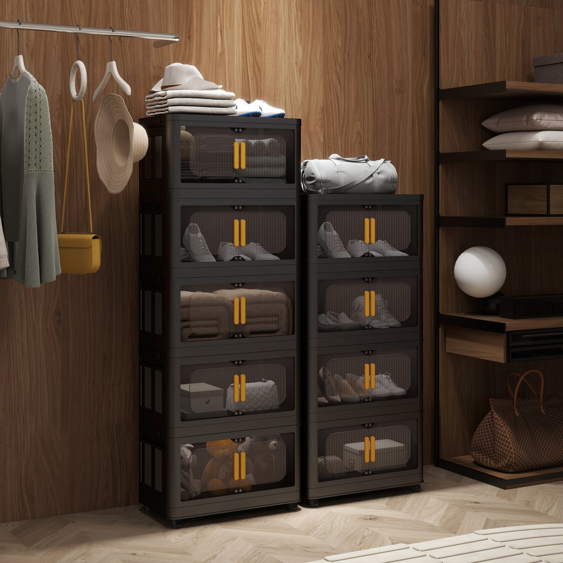 Folding Storage Cabinet 5 Tier Wide Plastic With Magnetic Doors And Wheels - Black - Image 4