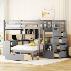 Full Over Twin Bunk Bed With Desk, Drawers And Shelves - Gray