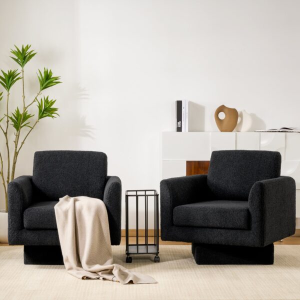 360° Modern Swivel Accent Chairs Round Armchair, Thick Padded Lounge Sofa Upholstered Comfy (Set of 2) - Black