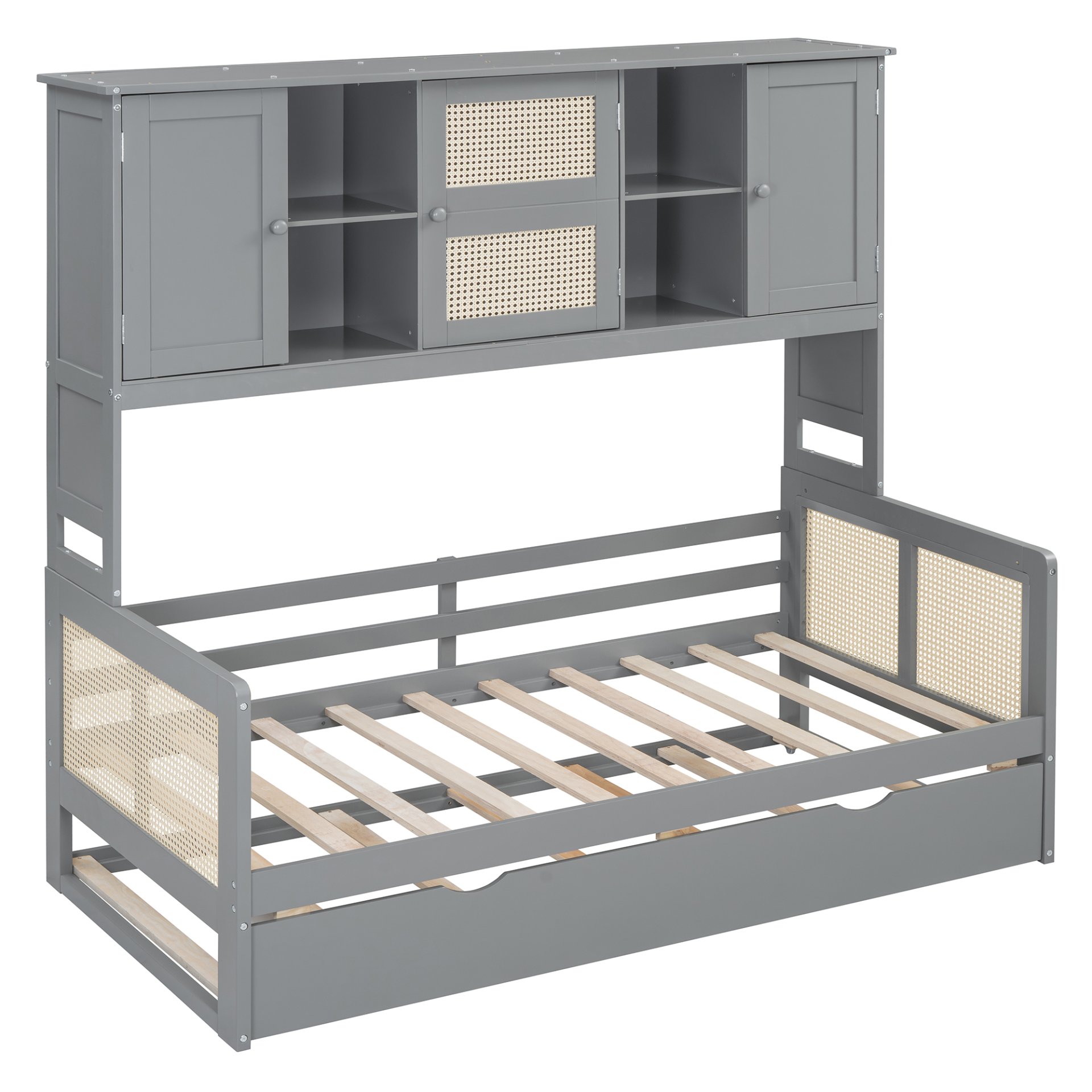 Twin Size Wooden Daybed With Twin Size Trundle, And All In One Cabinet And Shelf - Gray - Image 11