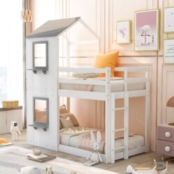 Twin Over Twin Bunk Bed & Roof, Window, Guardrail, Ladder - White