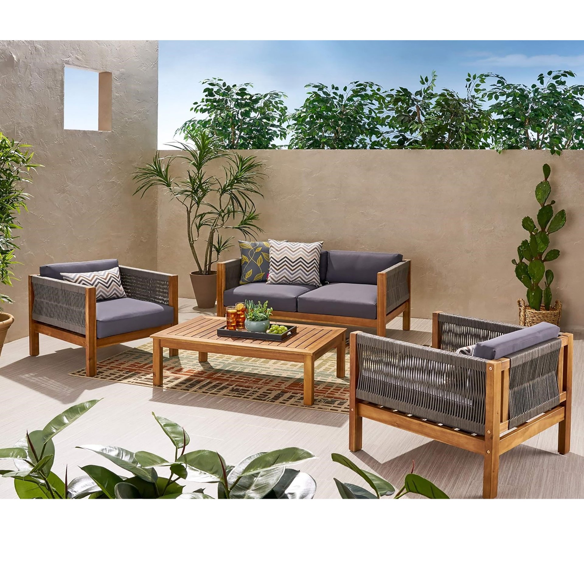 Charlotte - Outdoor And Rope 4 Seater Chat Set With Cushions - Teak - Image 2