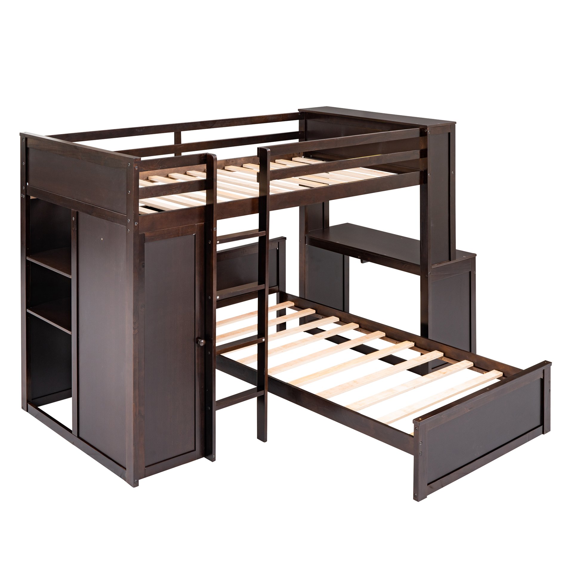 Twin Size Loft Bed With A Stand Alone Bed, Shelves, Desk, And Wardrobe - Espresso - Image 12