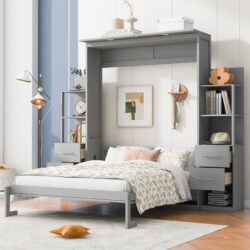 Queen Size Murphy Wall Bed With Shelves, Drawers And LED Lights - Gray