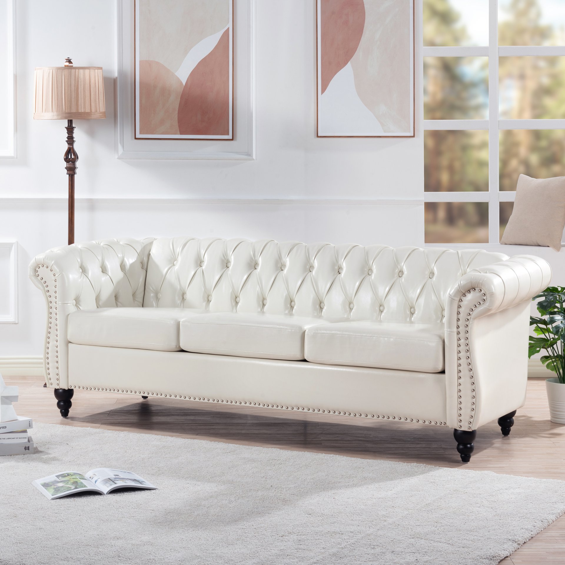 84.65" Rolled Arm Chesterfield 3 Seater Sofa - White - Image 5