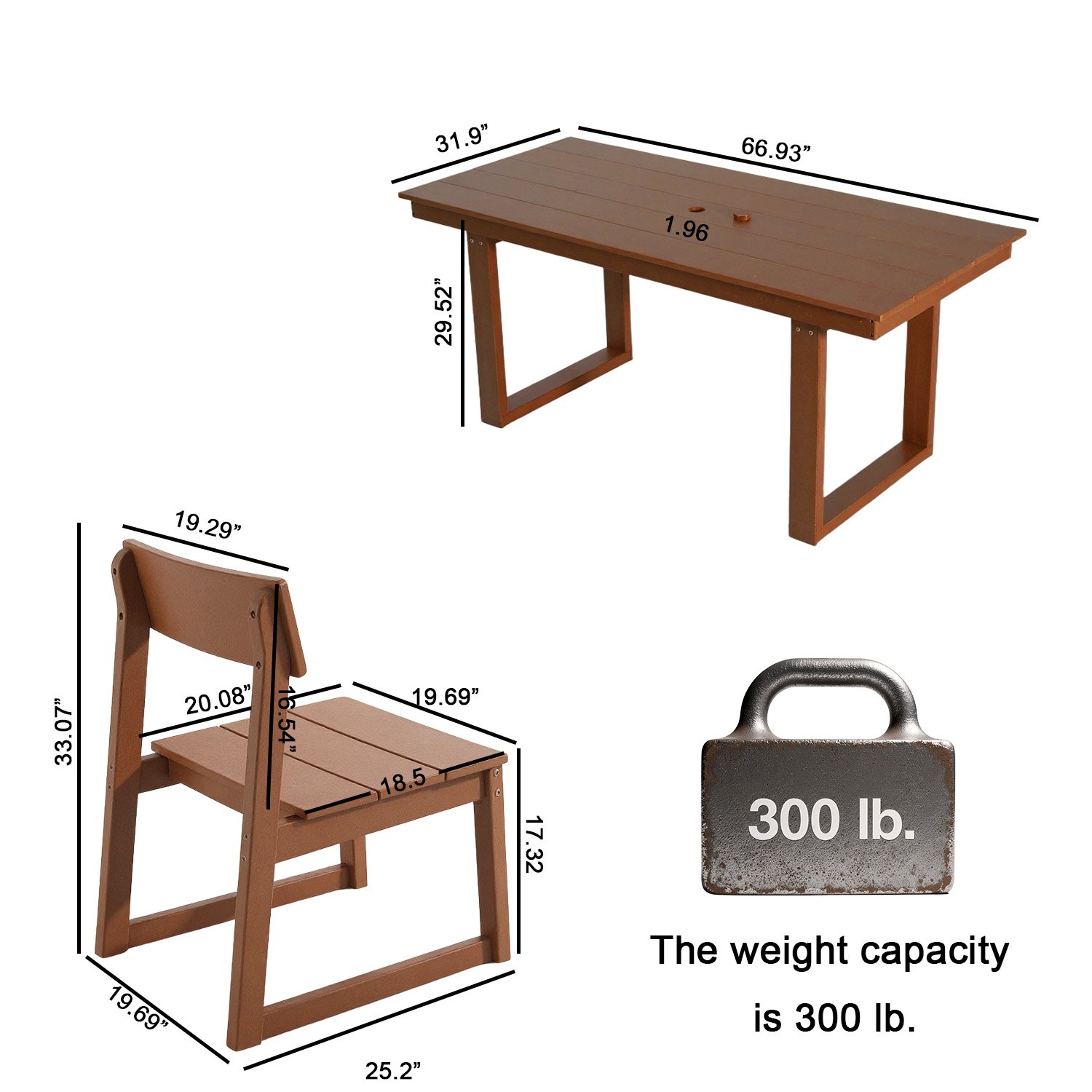 7 Piece Outdoor Dining Set For 6, Table With Umbrella Hole & 6 Armless Chairs For Backyard - Brown - Image 3
