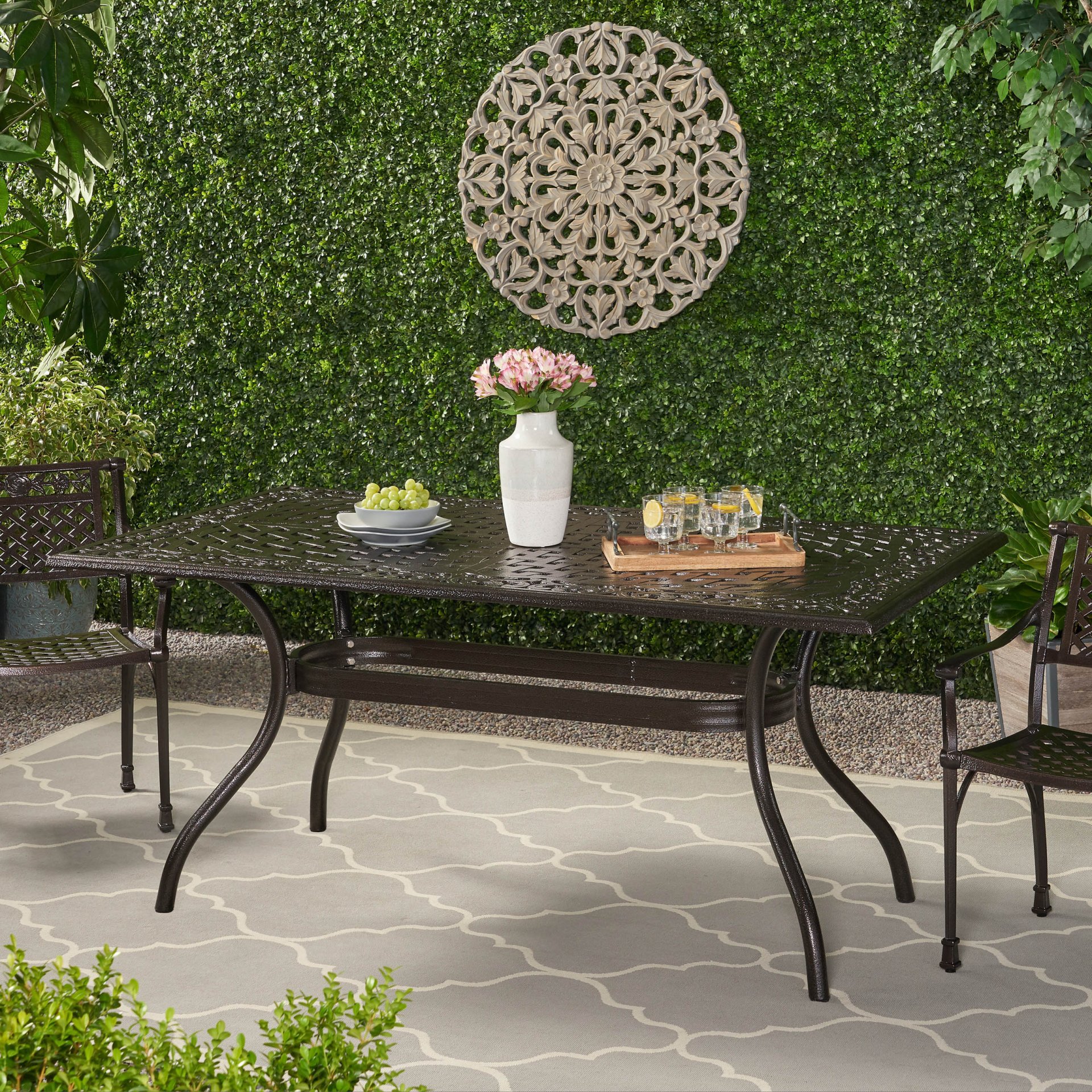 Celestine - Outdoor Cast Aluminum Dining Table With Floral Lattice Design And Umbrella Holder - Bronze - Image 8