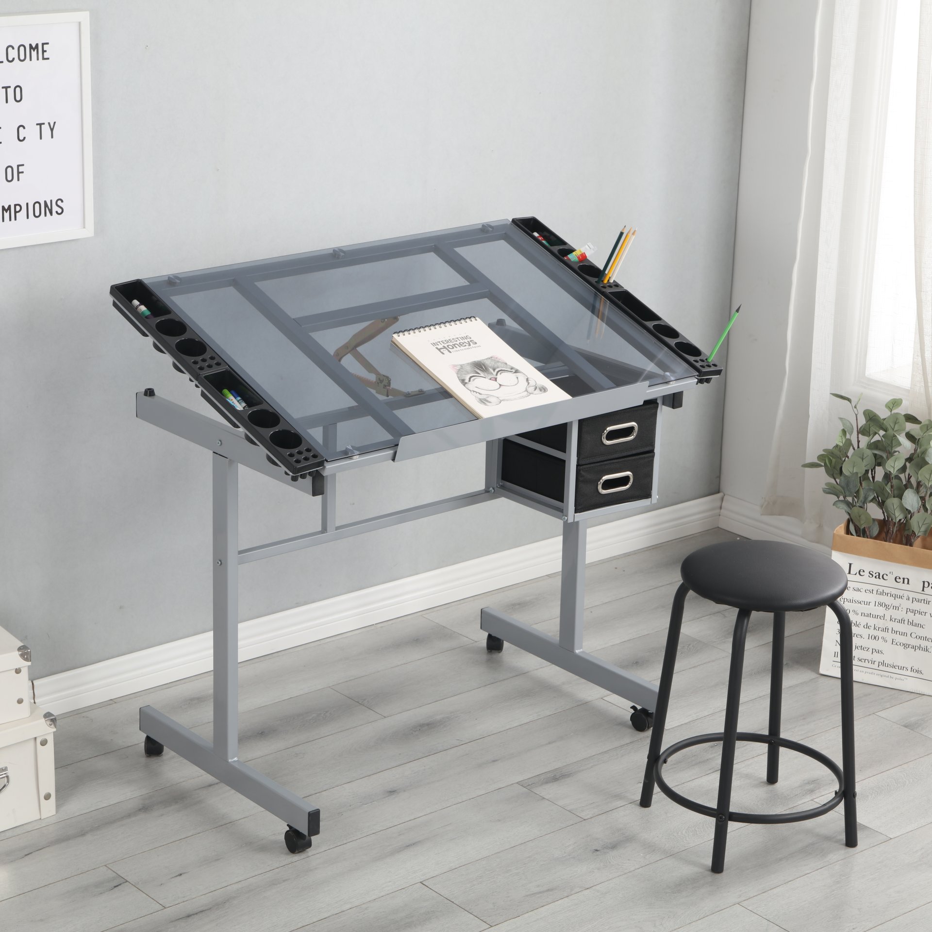 Adjustable Art Drawing Desk Craft Station Drafting With 2 Non-Woven Fabric Slide Drawers And 4 Wheels - Silver - Image 3