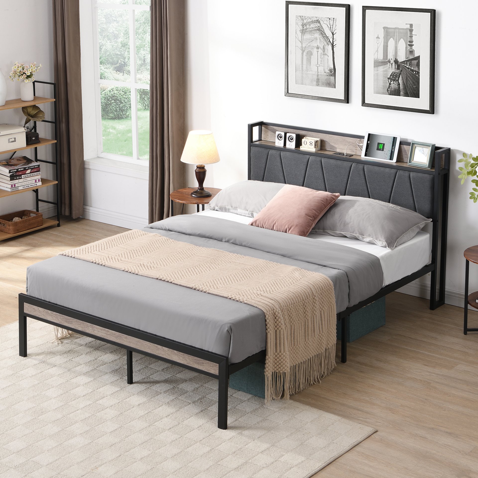 Modern Full Size Metal Platform Bed Frame With Upholstered Storage Headboard USB Ports And Footboard - Beige / Black - Image 2
