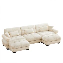 Modern U Shape Modular Sectional Sofa Couch With Movable Ottomans Convertible L Shaped With Pillows And Bolstered Armrests - Cream