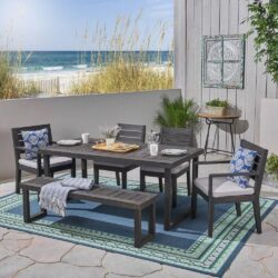 Outdoor 6 Seater Dining Set With Bench - Dark Gray / Light Gray