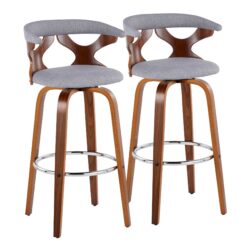 Gardenia - Mid-Century Modern Fixed Height Barstool With Swivel With Round Footrest (Set of 2) - Walnut / Light Gray