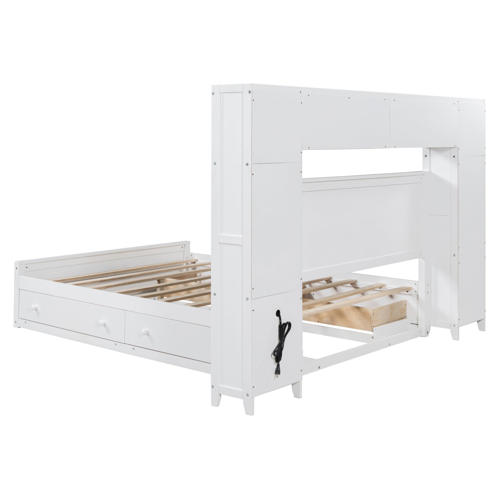 Queen Size Bed With All In One Cabinet, Shelf And Sockets - White - Image 10