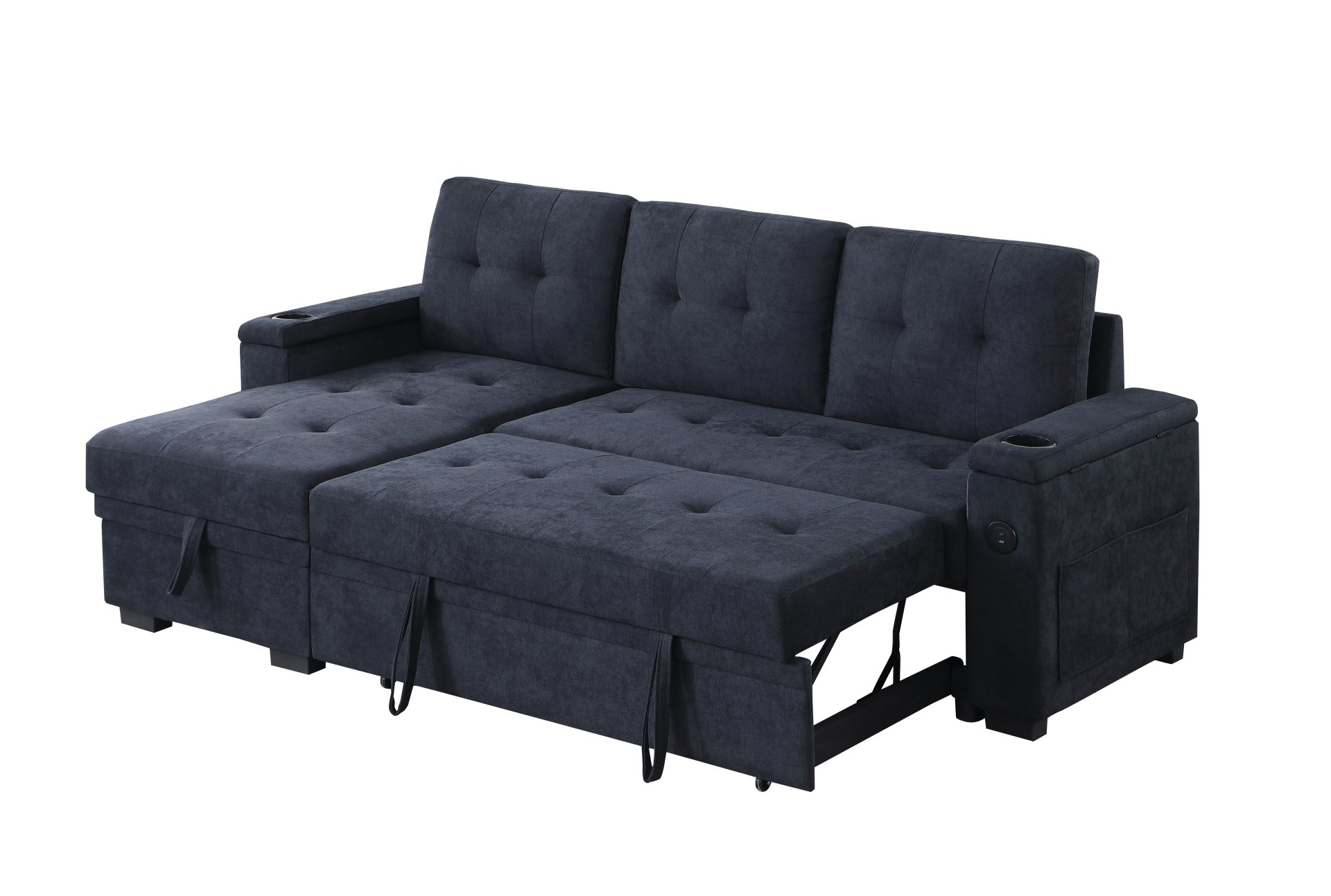 Ashlyn II - Woven Fabric Reversible Sleeper Sectional Sofa With Storage Chaise, Storage Arm, Cup Holder, Charging Ports, Side Pockets, and Pocket Coil Seating - Dark Gray - Image 7