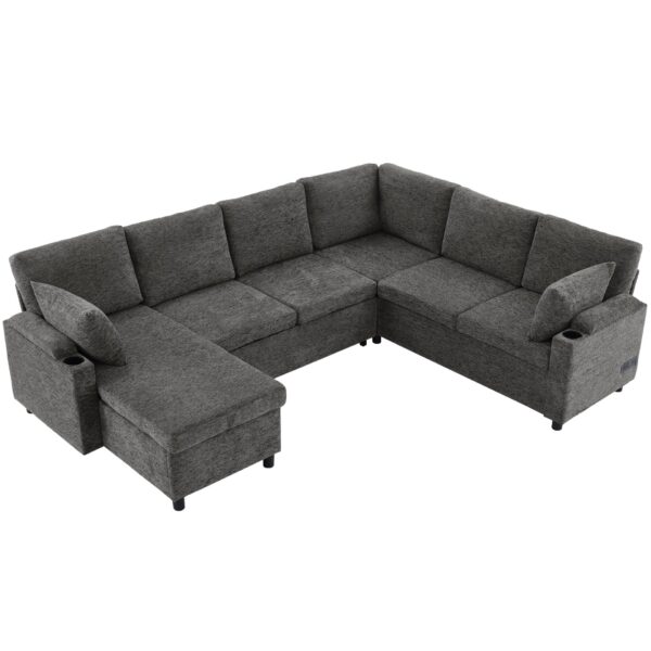 Sectional Sofa Versatile Sofa Bed Sofa Sleeper U - Shaped Sofa With Ample Storage Space, 2 Cup Holders And Charging Ports For Living Room - Beige Gray