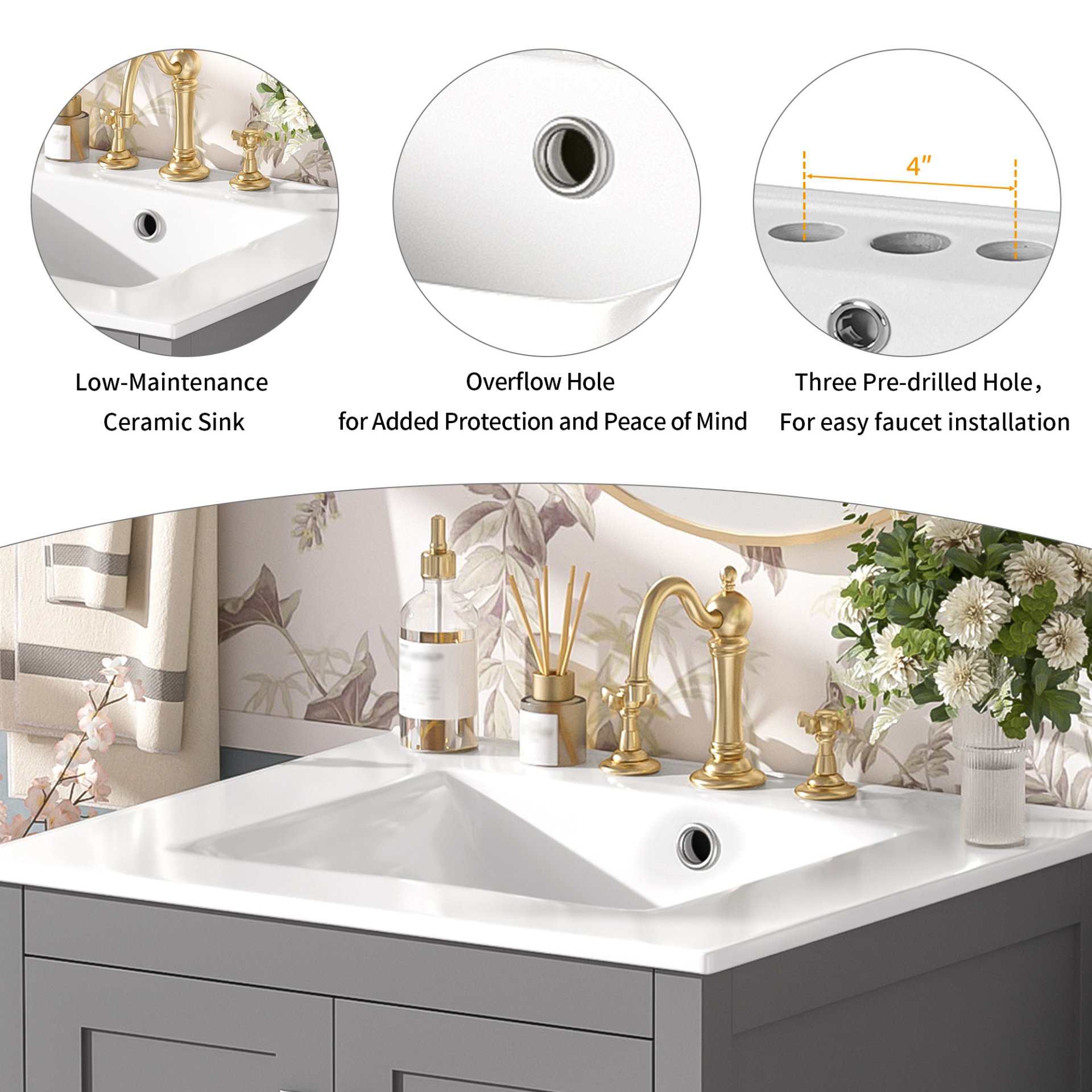 24" Bathroom Vanity With Integrated Undermount Sink, 2 Doors 1 Drawer, Soft Close Hinges, - Gray - Image 9