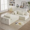 Modern Chenille Upholstered Sectional Sofa Couch Set, Modular L Shaped Sectional Living Room Sofa Set & 6 Pillows, Free Combination - Beige - Image 11