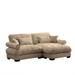 Modern 2 Seater Sofa With Ottoman Round Bolster Armrests Waist & Throw Pillows - Camel