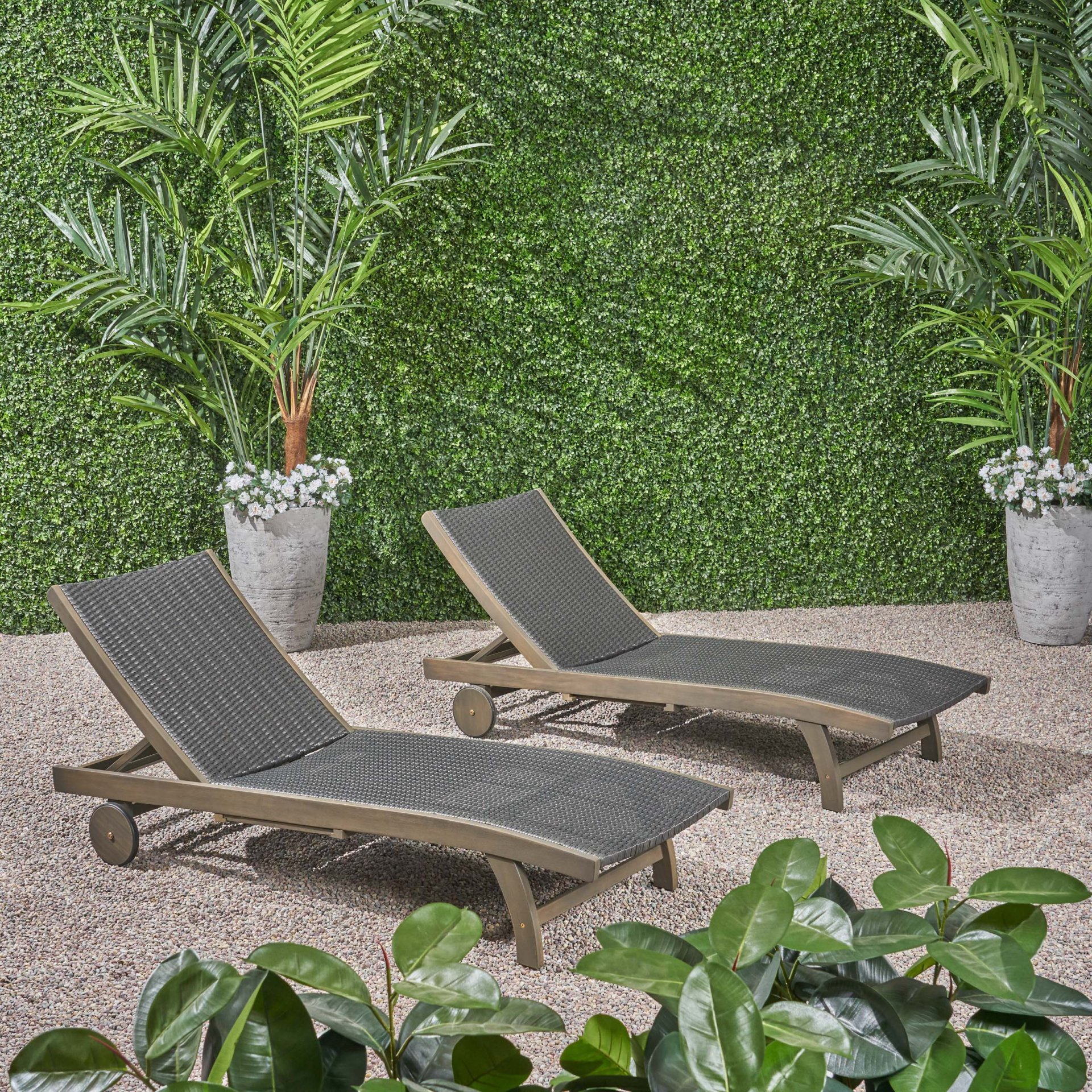 Outdoor Chaise Lounge With Pull Out Tray And Wicker Seat - Gray - Image 8