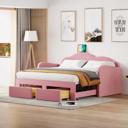 Twin Size Upholstered Daybed With Cloud-Shaped Backrest, Trundle & 2 Drawers And USB Ports - Pink
