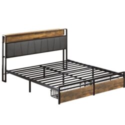 Queen Size Bed Frame Upholstered Platform Bed Frame With Storage Drawers, USB Ports, LED Lights, Upholstered Wingback Headboard - Rustic Brown