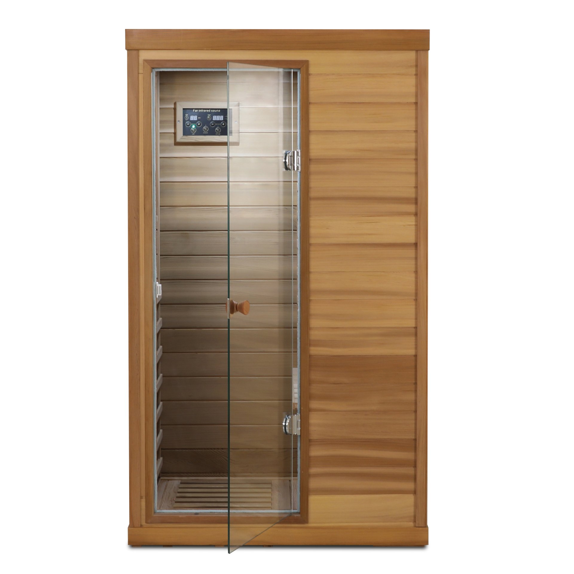 Red Cedar Mini 1 Person Far Infrared Glass Door On The Left Of The Indoor Sauna Room - Natural Wood / Caramel - Image 4