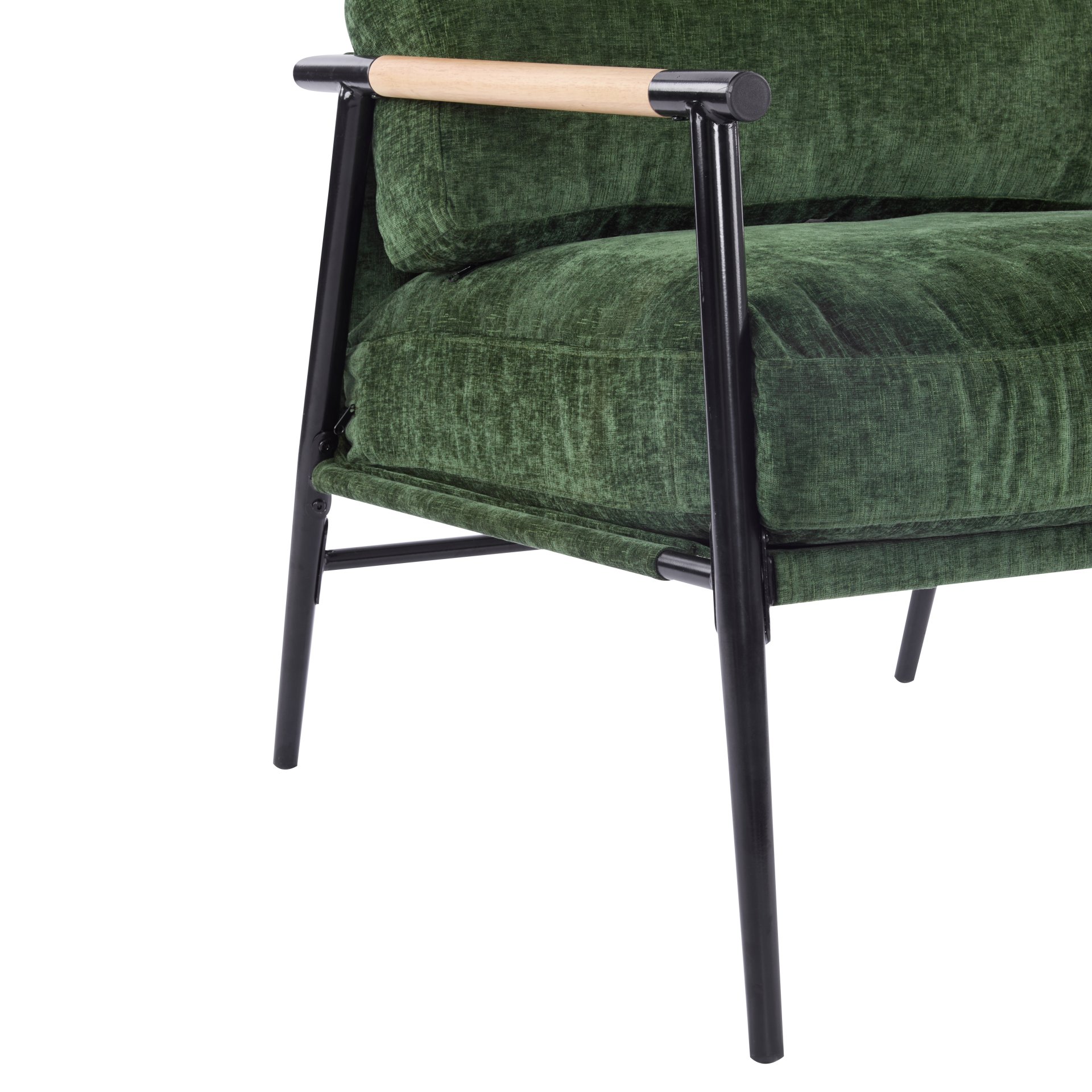 Modern Accent Chair With Plush Cushions, Minimalist Metal Frame, Wooden Armrest Design - Green - Image 12