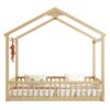 Double Twin House-Style Floor Bed With Fence, Guardrails, Without Door - Natural - Image 13