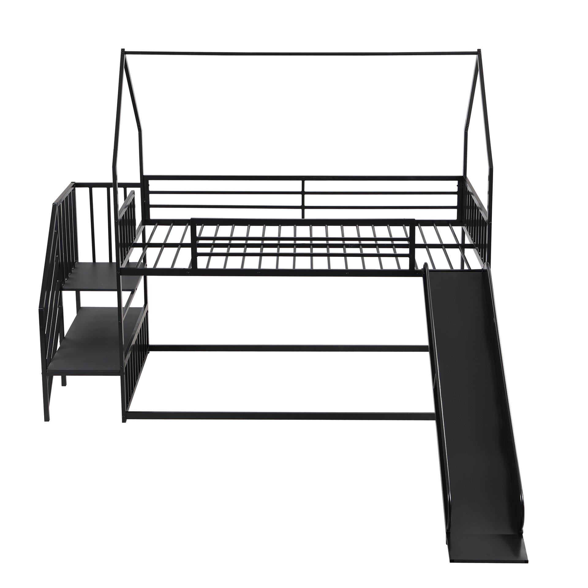 Twin Size Metal Bunk Bed House Bed With Slide And Staircase - Black - Image 9