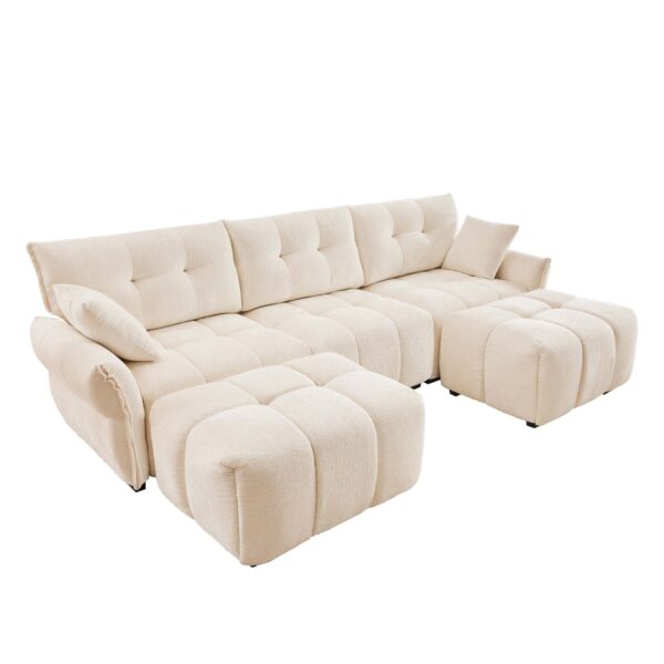 Elegant Textured 3 Seater Sofa Set With Ottoman And Throw Pillows - White