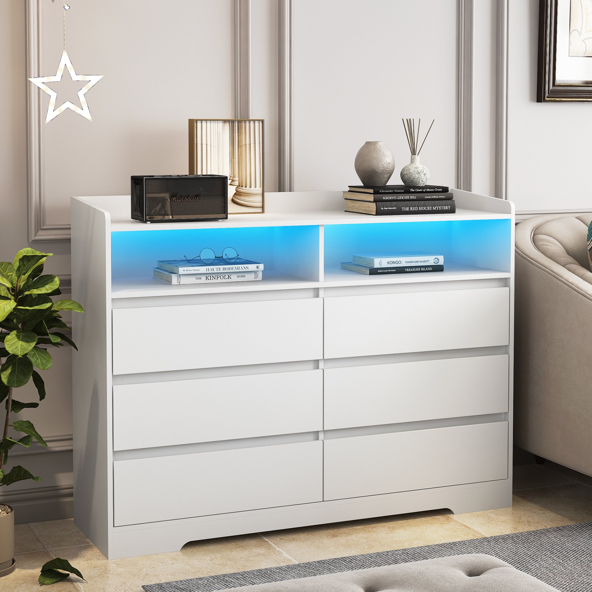 6 Drawer Dresser For Bedroom With LED Lights, Sturdy Frame - White - Image 8
