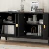 4 Door Sideboard Storage Cabinet For Living Room And Dining Room, 2 Large Cabinets With Gold Handles And Adjustable Shelf - Black - Image 24