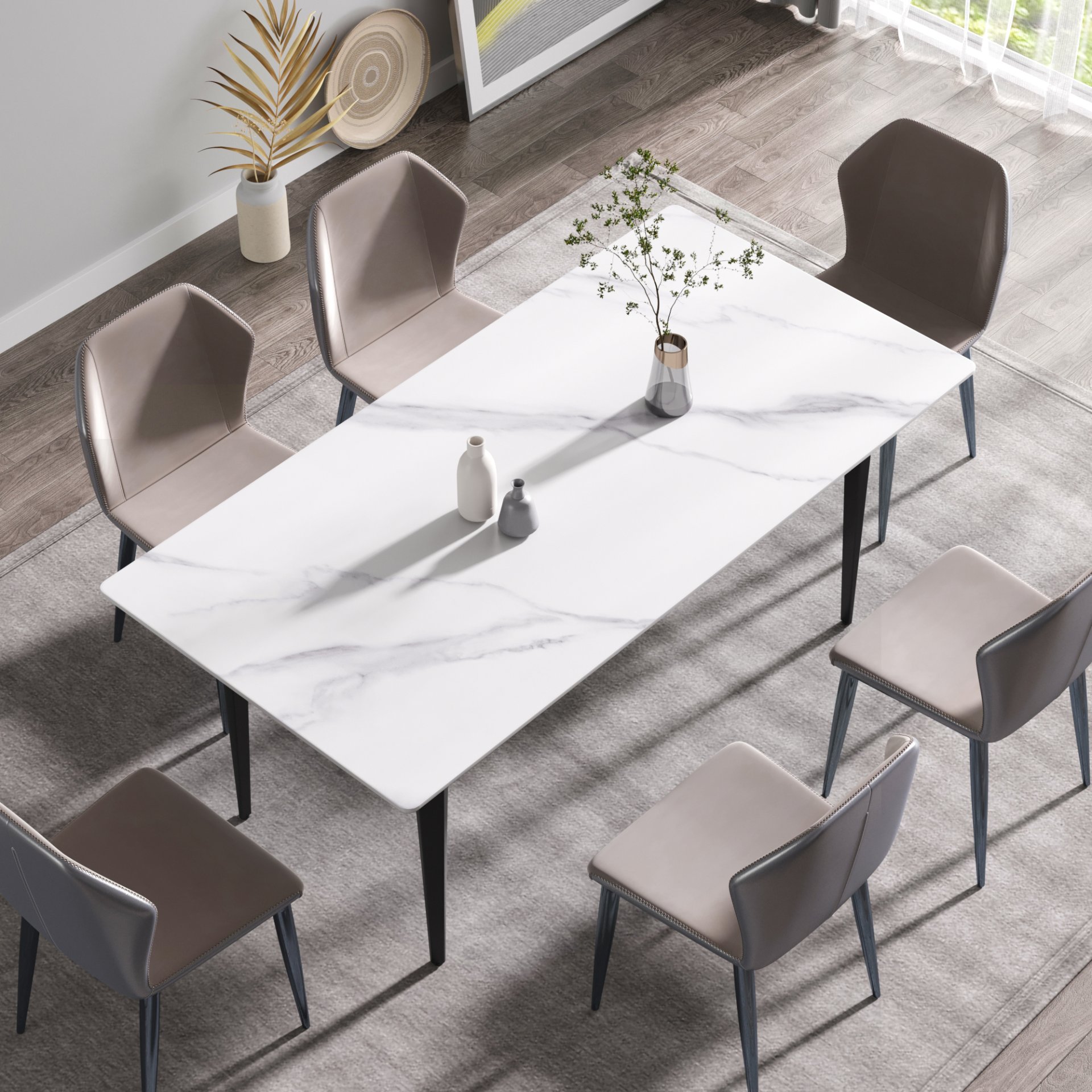 70.87" Modern Artificial Stone White Straight Edge Black Metal Leg Dining Table, Can Accommodate 6-8 People - White / Black - Image 4