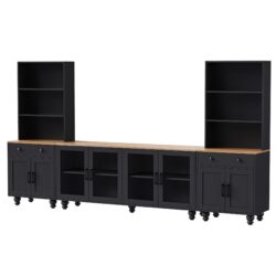 Farmhouse TV Stand With Solid Wood Gourd Shaped Legs For TVs Up To 70", Entertainment Center With Bookshelves & Tempered Glass Doors, Media Console With Adjustable Shelves, Living Room - Black / Natural
