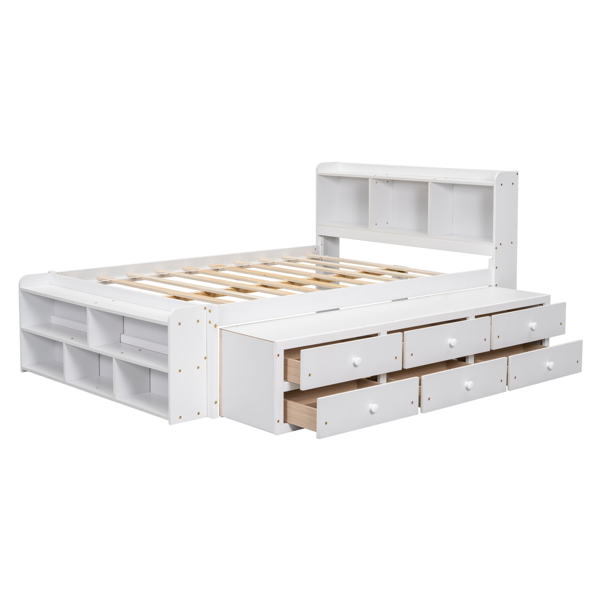 Full Bed With Bookcase Headboard, Under Bed Storage Drawers And Bed End Storage Case - White - Image 12