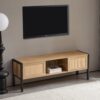Rattan TV Cabinet With Variable Color Light Strip, Double Sliding Doors For Storage, Adjustable Shelf, Metal Legs, TV Console For Living Room - Natural - Image 5