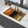 33" Drop In Kitchen Sink With Workstation Ledges 16 Gauge T304 Single Bowl Sink - Gold - Image 2