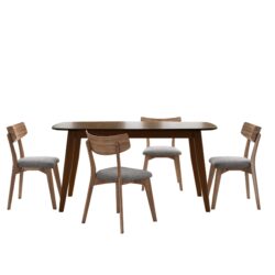 5 Piece Mid Century Dining Set With Walnut Frame, Upholstered Dining Chairs - Dark Gray