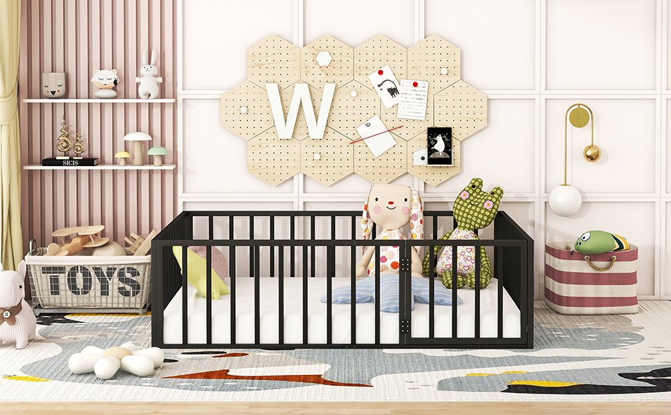 Full Size Floor Bed Frame With Fence And Door - Black - Image 14