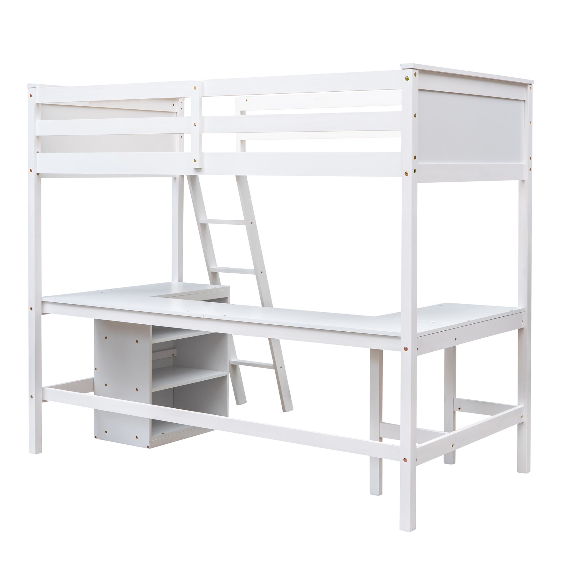 Twin Size Loft Bed With Shelves With Desk - White - Image 11