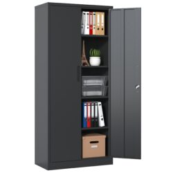 Heavy Metal Garage Storage Cabinet With Locking Doors, Steel, Adjustable Shelves - Gunmetal Black