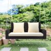 2 Person Wicker Hanging Porch Swing With Chains, Cushion, Pillow, Rattan Swing Bench For Garden, Backyard - Brown / Beige - Image 7