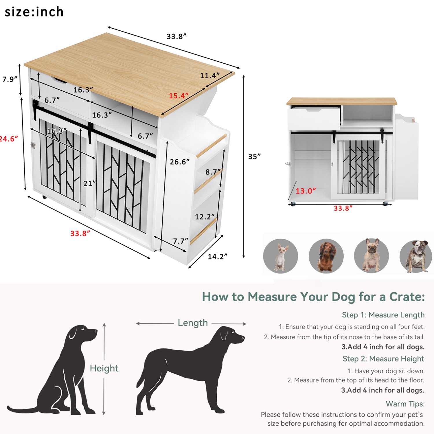 Modern Style 2 In 1 Pet Friendly Dog Crate Kitchen Island End Table Metal Pine - Natural / White - Image 3