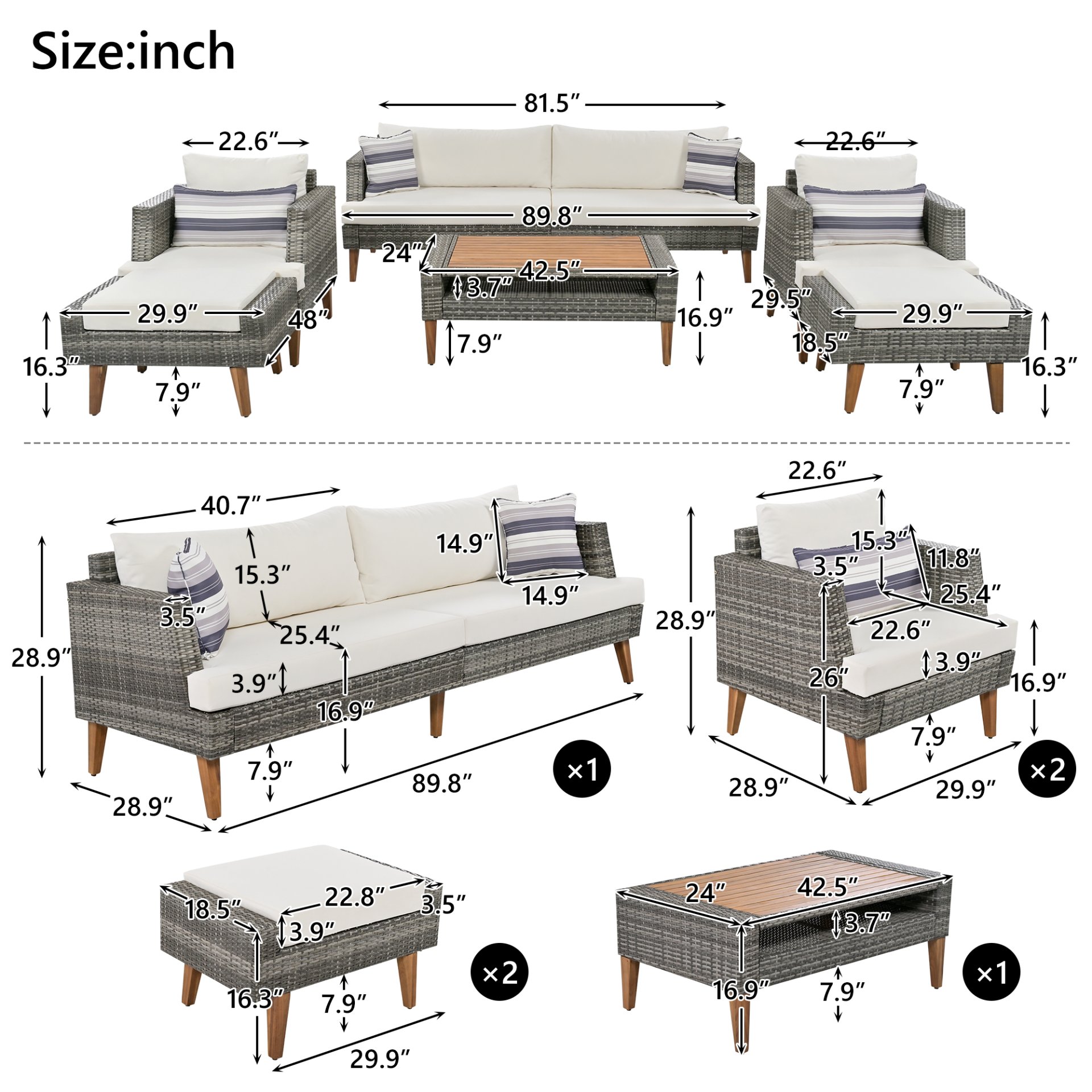 6 Pieces All Weather Sofa Set, Outdoor Rattan Sofa With Double Cushions, Wood Legs Wood Table Top - Beige / Gray - Image 3