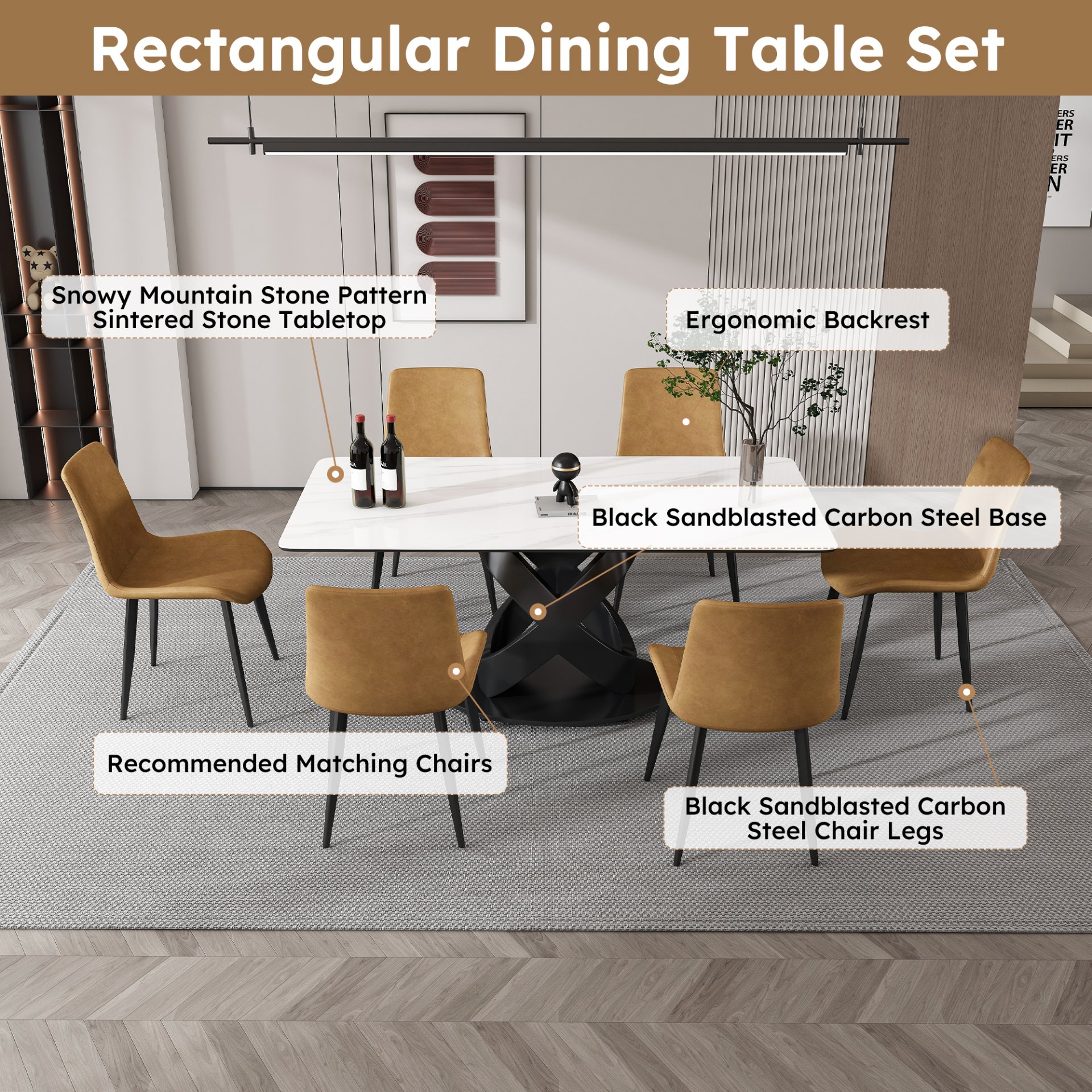 Rectangular Dining Table, For Dinner Party, 4 Chairs - Black / White - Image 13