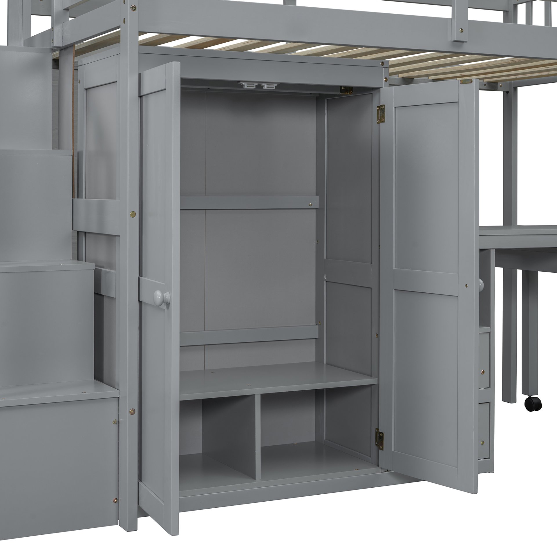 Twin Size Loft Bed With Stairs, Bookshelf, Drawers, Desk & Wardrobe, Space Saving Multifunctional Furniture - Gray - Image 11