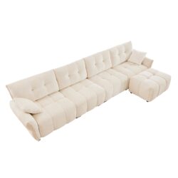 Modular 4 Seater Sofa With Ottoman, Configurable Solid Wood Frame, Premium, High Resilience Cushions - White
